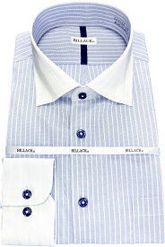ワイシャツ 長袖 メンズ ドレスシャツ 形態安定 ブルー ストライプ クレリック スナップダウン ワイドカラー シャツ ドレスシャツ ビジネス お洒落着 kf2080-10