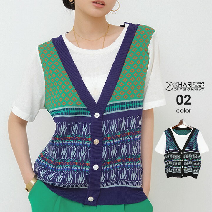 楽天市場 トップス 重ね着風 レディース 半袖 レイヤード風 ベスト Tシャツ ラウンドネック ニットベスト付 フェイクレイヤード ジレ付 カットソー カジュアル おしゃれ レトロ 総柄 黒 ブラック ブルー 春夏 秋 ニットベストドッキングトップス Kharis カリス