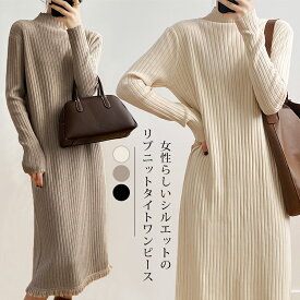 ワンピース ニット 秋 冬 レディース リブ フリンジ マキシ Iライン ロング ハイネック 長袖 ワンピース 秋冬 ニット 長袖ワンピース 大きいサイズ 無地