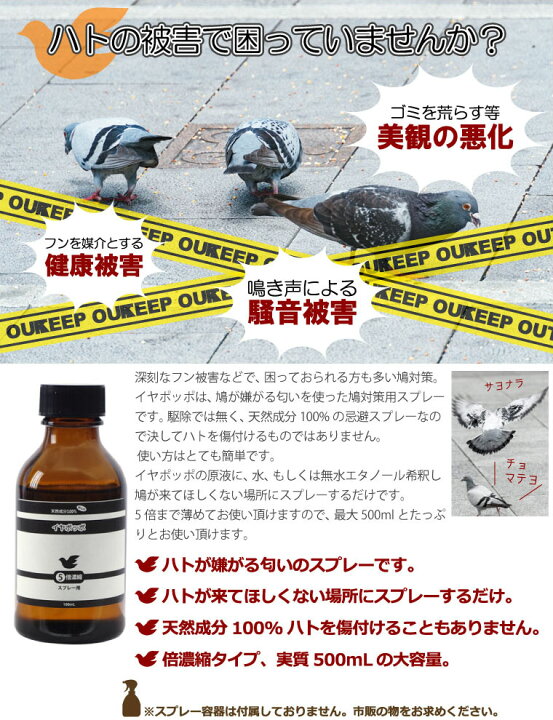 楽天市場 イヤポッポ 天然ハト忌避剤 100ml 5倍濃縮 スプレー ハト避けスプレー Kichi Kiche 楽天市場 イヤポッポ 天然ハト忌避剤 100ml 5倍濃縮 スプレー ハト避けスプレー Kichi Kiche