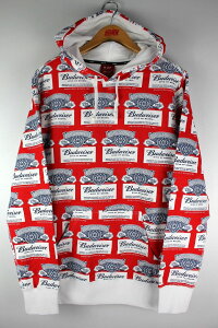 HUF × BUDWEISER / LABEL ALL OVER PRINT PULLOVER SWEAT HOODY / red×white