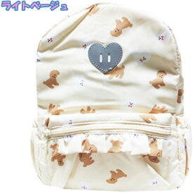 丸高衣料（株）Kids　Foret　女の子　犬総柄　ポケットフリル付き　はっ水加工　リュックサック　 ピンク、ライトベージュ　　M（約縦30cm 横23cm マチ幅12cm）、L（約縦35cm 横26cm マチ幅13cm）