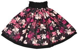 【即納】フラダンス衣装/ダブルパウスカート/ハイビスカス/プルメリア/hula/pau/レッスン/練習着/フラ用/ダンス衣装/黒/JA5793 レディース 5本ゴム/裏地なし/ウエストゴム ブラックxピンク 65cm丈-