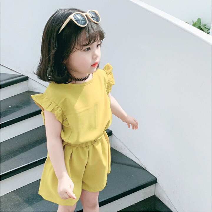 子供服 女の子 Tシャツ おしゃれ かわいい カジュアル キッズ ショートパンツ ジュニア セットアップ トップス プチプラ 全2色 可愛い 夏 安い 新品 袖フリル 激安な セットアップ