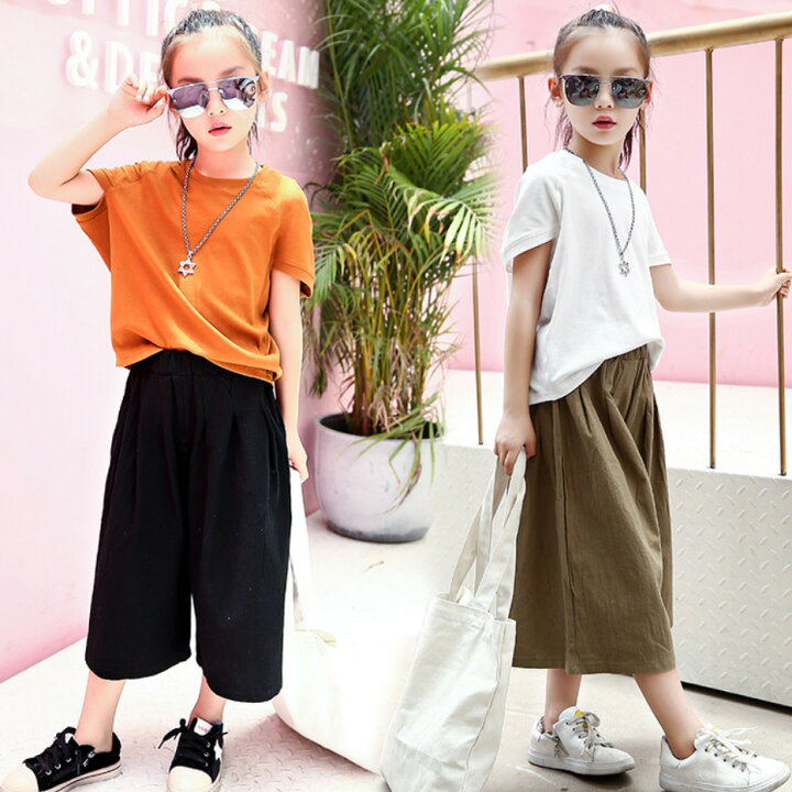 楽天市場 上下セット 子供服 2点セット ワイドパンツ 女の子 キッズ服 夏 ガウチョパンツ 半袖 韓国風子供服 黒色パンツ 1 130 140 150 160 子供服 アイ