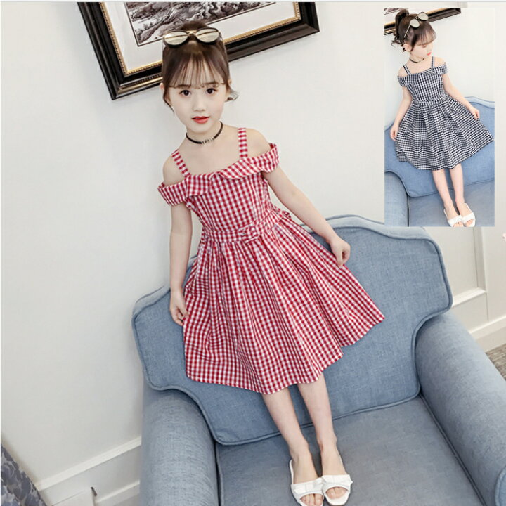 楽天市場 ワンピース 子供服 ギンガムチェック オフショルダー 女の子 キッズ服 キャミソールワンピース 韓国風子供服 カジュアル 110cm 1cm 130cm 140cm 150cm 160cm 子供服 アイ
