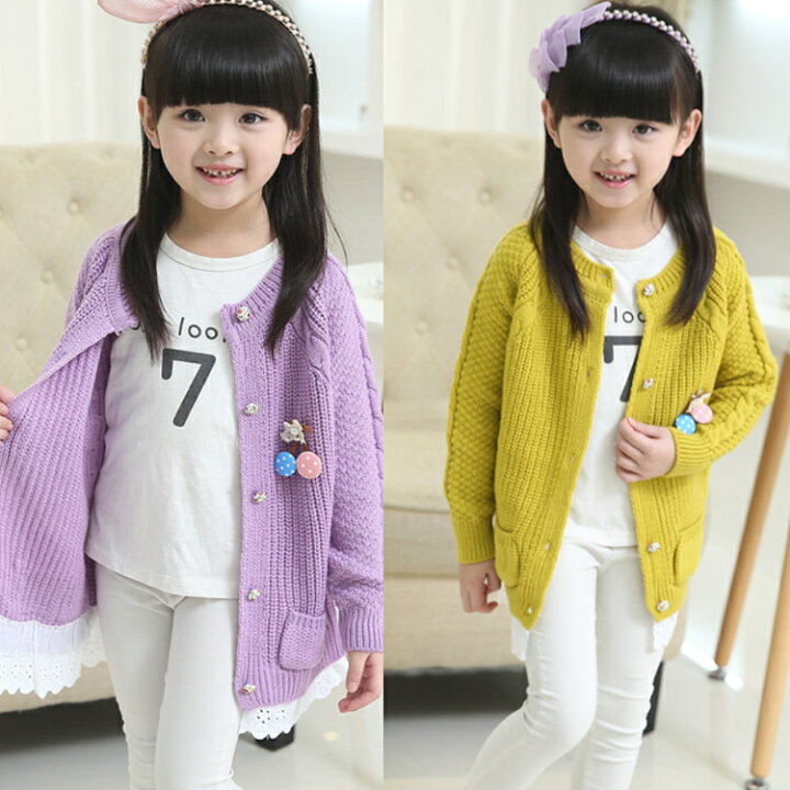楽天市場 カーディガン 子供服 女の子 フリル付 キッズ服 ロングカーディガン ニット 黄緑 紫色 イエロー パープル トップス ブラウス 長袖 110 1 130 140 150 160 子供服 アイ