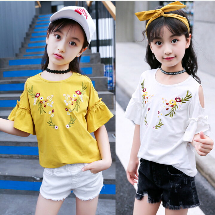 楽天市場 Tシャツ オフショルダー 子供服 フリル袖 女の子 半袖 トップス 夏 キッズ服 ホワイト 白色 黄色 イエロー 可愛い 1cm 130cm 140cm 150cm 160cm 子供服 アイ