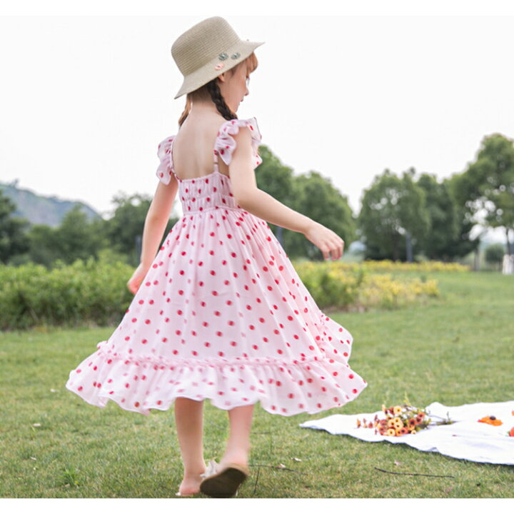 楽天市場 ワンピース ロングワンピース 子供服 ノースリーブ オフショルダー キャミワンピース 女の子 水玉柄 ドット柄 キッズ 肩出し 夏 シフォン素材 フリル ピンク 発表会 110cm 1cm 130cm 140cm 150cm 160cm 子供服 アイ