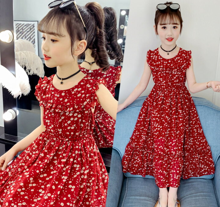 楽天市場 ワンピース マキシワンピース ロングワンピース ワインレッド レッド 子供服 ノースリーブ キャミワンピース 女の子 花柄 キッズ 夏 シフォン素材 フリル 発表会 110cm 1cm 130cm 140cm 150cm 160cm 子供服 アイ