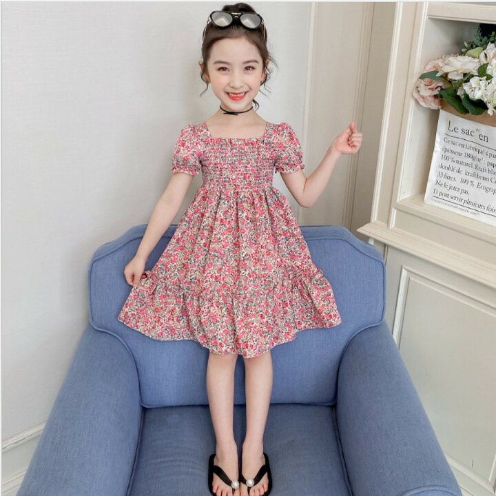 楽天市場 ワンピース 子供ワンピース 花柄ワンピース スクエアネック Aライン 女の子 キッズ服 フリル 半袖 レッド ピンク シフォン生地 カジュアル 夏 発表会 結婚式 誕生日会 子供服 アイ