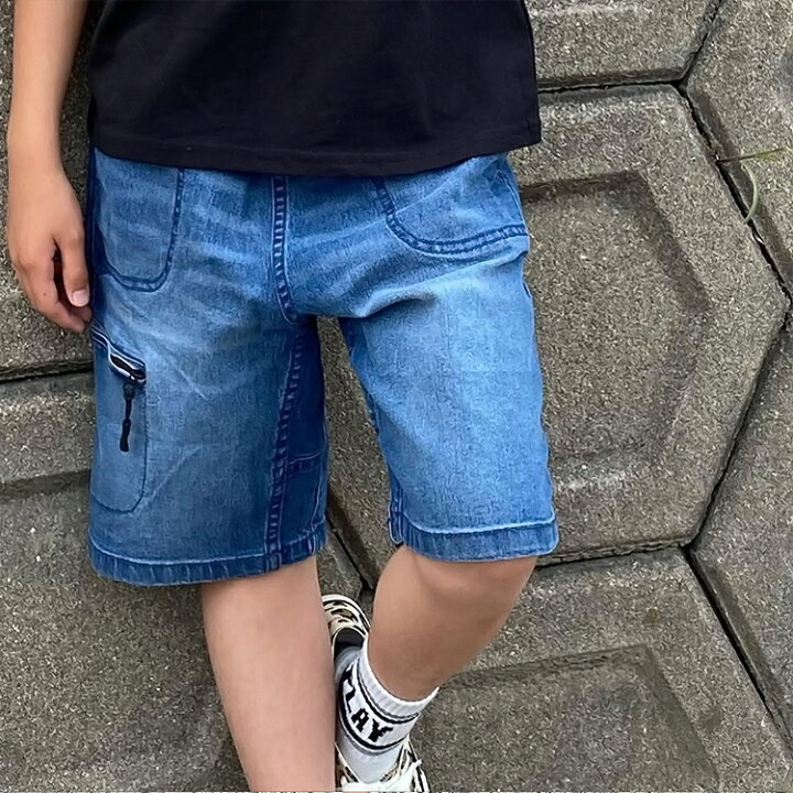 【メール便不可】デニムクライミングハーフパンツ ボトムス 半ズボン 夏 涼しい 子供服 男の子 小学生 中学生 ファッション キッズ ジュニア 韓国子供服 大人っぽい ダンス 120cm 130cm 140cm 150cm 160cm 子ども服 SHU SHU FOキッズ クライミングデニムハーフパンツ 130cm