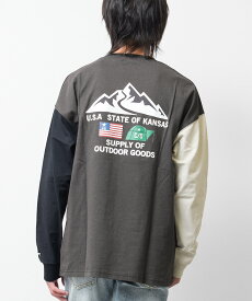 【送料無料】【2点までメール便対象】ナイロンOUTDOORロングTシャツ トップス 長袖 ゆったり ビッグシルエット 子供服 男の子 小学生 中学生 ファッション キッズ ジュニア 韓国 大人っぽい ダンス 120cm 130cm 140cm 150cm 160cm 170cm