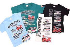 働く車 半袖 Tシャツ 100cm 110cm 120cm 130cm 消防車 救急車 パトカー 救急車両 かっこいい アップリケ トップス キッズ 子供服 男の子 夏 プリント はみ出し レスキュー 映え はしご車