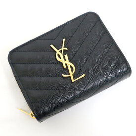 【Saint Laurent PARIS】サンローラン コンパクトフルジップウォレット ニつ折り財布 YSLロゴ金具 キルティング レザー ブラック×ゴールド金具 403723 BOW01 1000【中古】【代金引換不可】/hm07159kt