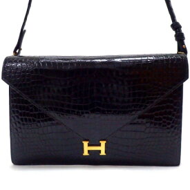 【HERMES】エルメス リディ ショルダーバッグ クロコダイル ポロサス ブラック×ゴールド金具 〇F刻 1976年【中古】【代金引換不可】/he11037880br