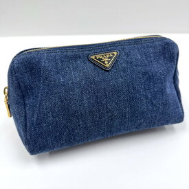 【PRADA】プラダ デニム・ポーチ ブルー×ゴールド金具 デニム×レザー 1N0693【中古】【代金引換不可】/br6457br