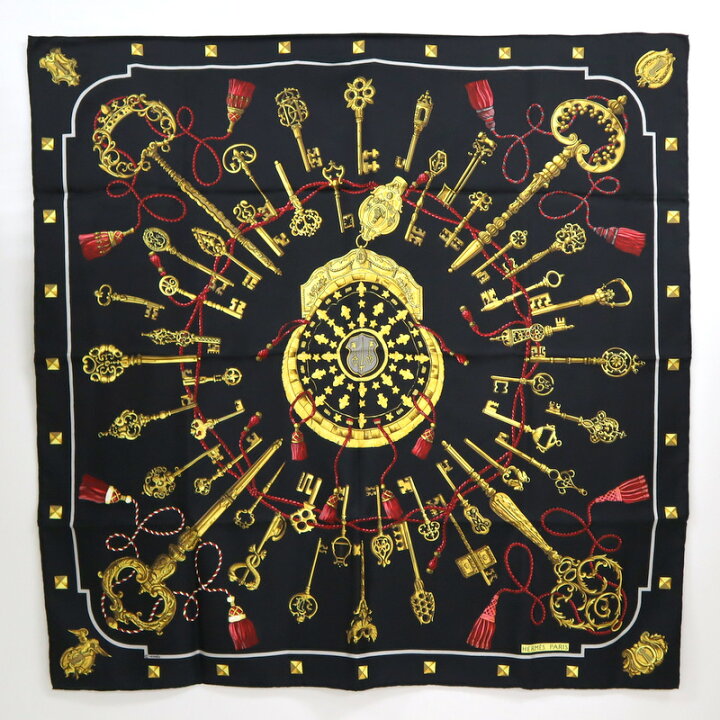 ☆ エルメス シルク スカーフ カレ90 『LES CLES』 鍵柄 ブラック 中古  