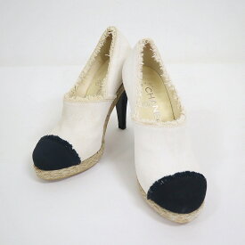 【CHANEL】シャネル エスパドリーユ ヒールパンプス ベージュ×ブラック キャンバス 37 2/1 約24.5cm【中古】【代金引換不可】/tm09556tg