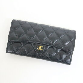 【CHANEL】シャネル キャビアスキン 二つ折り長財布 ブラック×ゴールド金具 AP0241【中古】【代金引換不可】/kt14311tg
