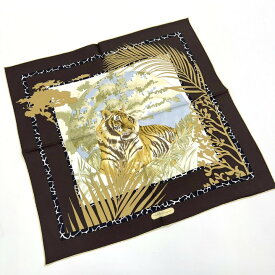 【Salvatore Ferragamo】サルバトーレ・フェラガモ スカーフ 虎デザイン ブラウン×ホワイト×イエロー シルク100%【中古】【代金引換不可】/kt16972ng