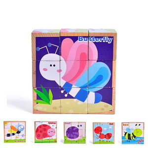 キューブパズル 3D立体パズル 木製 積み木 アニマル 9コマ 子供向け 知育玩具 動物 乗り物 海洋生物 形合わせ 木のおもちゃ 男の子 女の子 教具 1歳 2歳 3歳 4歳 5歳 6歳 赤ちゃん ベビー 出産祝