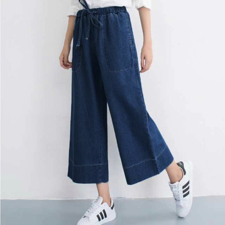 デニム ワイドパンツ 8分丈 ゆったり ウエストゴム ガウチョパンツ サルエルパンツ ハイウエスト レディース 体型カバー 夏 薄手 通勤 専門店では レディース
