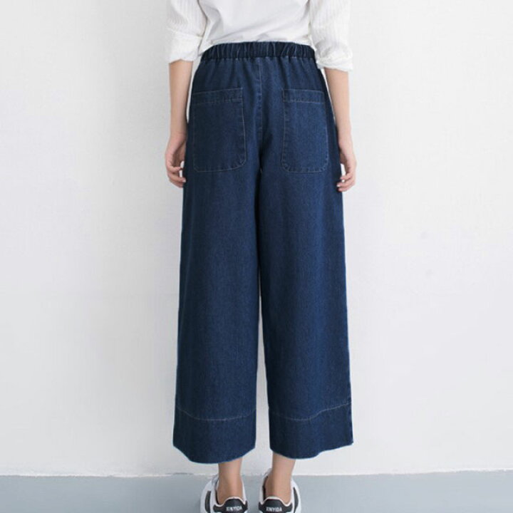 デニム ワイドパンツ 8分丈 ゆったり ウエストゴム ガウチョパンツ サルエルパンツ ハイウエスト レディース 体型カバー 夏 薄手 通勤 専門店では レディース