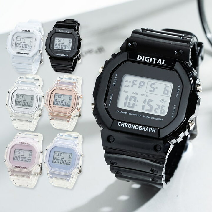 楽天市場 腕時計 レディース デジタル ウォッチ カジュアル 男女兼用 かわいい 大人 おしゃれ シリコン ラバー 透明ベルト クリアベルト ブランド シンプル 日付 カレンダー アラーム ストップウォッチ 見やすい プレゼント ギフト 1年間のメーカー保証付 メール便送料