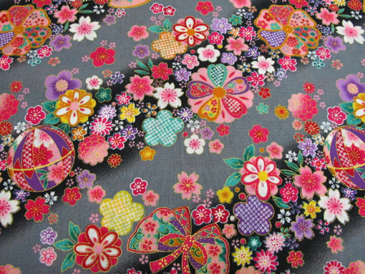 楽天市場 和柄生地 和風花柄着物風 金彩斜め花模様 黒 和柄 生地 布地 生地bank