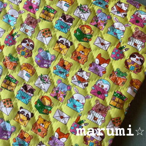 キルティング 生地 動物さんからの手紙 108cm巾×10cm単位 黄緑色 うさぎ くま パンダ