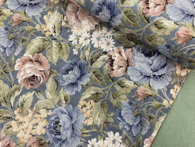 綿 プリント生地 バラ柄 ゴブラン織り風 110cm巾×10cm単位 全2色 ブルー サーモンピンク