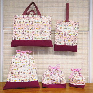 入園入学5点セット 女の子 レトロガーリーボーダー ピンク( レッスンバッグ / シューズケース / 体操服入れ / 弁当巾着袋 / コップいれ )