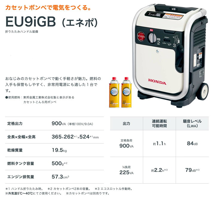 楽天市場】カセットガス2本付□ホンダ発電機 エネポ EU9iGB カセット 