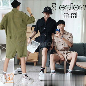 【P5!5191円→実質4931円 10/27まで】つなぎ メンズ 半袖 ハーフパンツ ゆったり オーバーオール シャツ襟 コンビネゾン レトロ ウエスト調整可 オールインワン 夏物 男性用