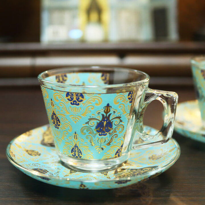 楽天市場 ティーカップ 耐熱ガラス トルコ チャイグラス 耐熱ガラス カップ カップソーサー ゴールド ブルー トルコ 雑貨 トルコ お土産 プレゼント ギフト キリムファイン キリム トルコ雑貨