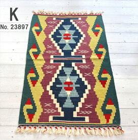 手織りキリム トルコキリム ウール100% 一点もの 玄関マットサイズ 滑り止め付/トルコ直輸入 Hand Weaven Wool Kilim from Kayseri