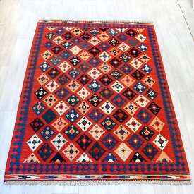 キリム・カシュカイ族の手織りキリム239×173cmレッド　カラフルなひし形モチーフ