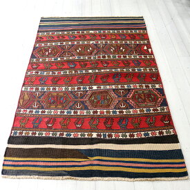 オールドキリム シャーサバン195×113cmマフラッシュを開いた装飾的なキリム/ピーコックの行列 スマック織り