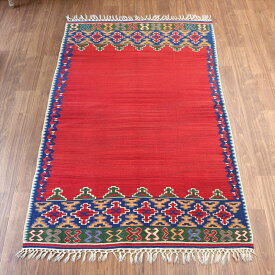 トルコの手織りキリム・コンヤ　草木染207×131cm赤のエンプティデザイン