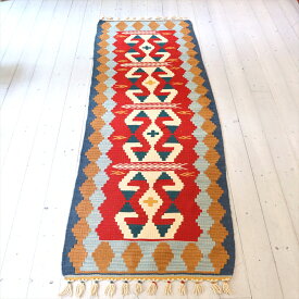 トルコの手織りキリム カイセリ189×67cm雄羊の角と麦の穂