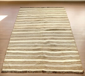 遊牧民の手織りキリム オールドキリム カシュカイ族 Qashkai tribe Flat weaven kilim230×159cmナチュラルグレー　ストライプ