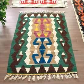 トルコの手織りキリム カイセリ120×82cmブラウン＆グリーン