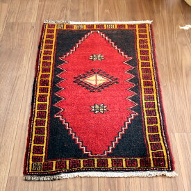 オールドカーペット　トルコ絨毯/ヤストゥク82×56cm赤い六角メダリオン