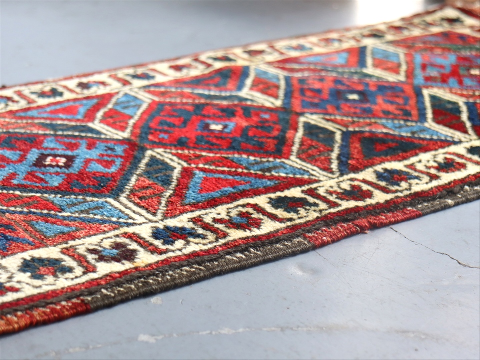 オールドカーペット　トルコ絨毯 ヤストゥク77×42cm<br>ベルガマ　レッド＆ブルー 激安本物 - 6