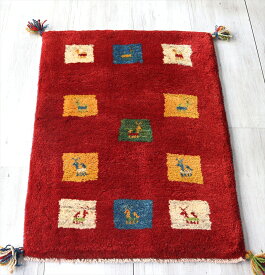ギャベ　玄関マット　イラン製手織りラグ87×60cmレッドカラフルスクエア　動物モチーフ