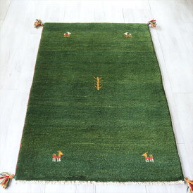 ギャベ　玄関マット　カシュガイ族の手織りラグ　120×80cmグリーン Green　植物と動物のモチーフ