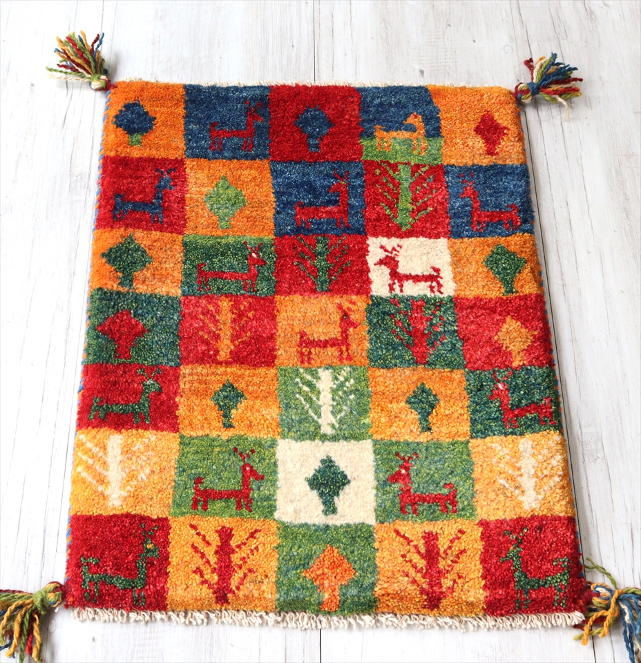 SALE 61%OFF ギャッベ トラスト イラン遊牧民族の手織り59×45cmカラフルタイル 動物と植物モチーフ