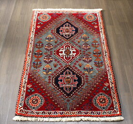 カシュカイ族の手織りラグ・オールド 部族絨毯　142×83cm六角形のメダリオン　レッド&グレー