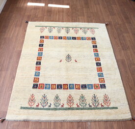 ギャッベ　カシュカイ族の手織り 230×168cm ウールのアイボリー　タイルと生命の樹